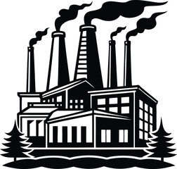 Industrial factory silhouette with multiple tall smokestacks against a white background