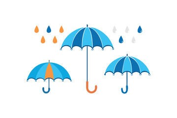 Three umbrellas and falling raindrops in blue and orange on transparent background