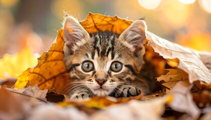 Adorable tabby kitten peeks playfully from a cozy blanket of colorful autumn leaves, full of curiosity