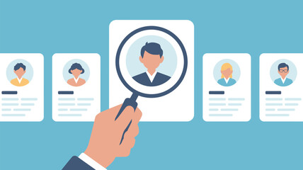 A hand holding a magnifying glass over a candidate profile in a selection process illustration art style
