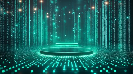 A futuristic neon green digital background features a glowing data grid and two illuminated display podiums perfect for tech presentations