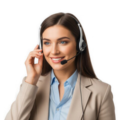Smiling young woman wearing headset and business suit, isolated on transparent background