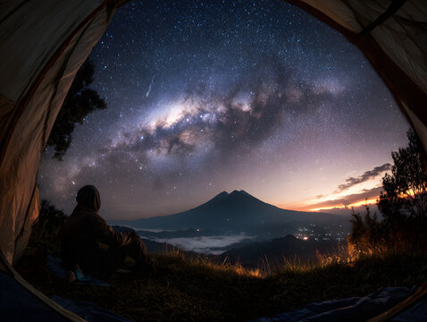 Man Gazing at Night Sky from Tent on Grassy Hill, Scenic View