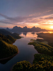 Stunning Lake and Mountain Landscape at Golden Sunset