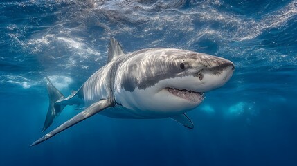 Fototapeta premium A great white shark swims powerfully through deep blue ocean waters towards the camera in a stunning view.