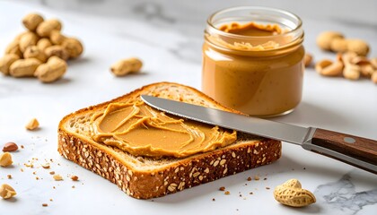 Delicious peanut butter sandwich with whole wheat bread and a jar of peanut butter
