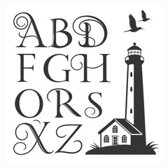 Alphabet and Lighthouse Silhouette with Cottage Design