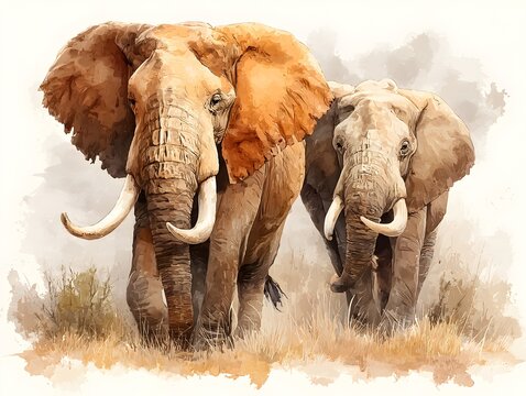 Two african elephants stand close together in tall dry grass in a watercolor artistic style illustration.