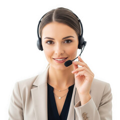 Friendly female customer service representative wearing a headset, isolated on transparent background