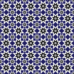 A striking seamless geometric pattern blends intricate star motifs with rich ornamental squares. Its high-contrast blue, white, and gold palette is ideal for luxurious branding, classical design.