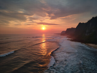 Fiery Sunrise Over Ocean Waves, Silhouetted Cliffs Scenic View