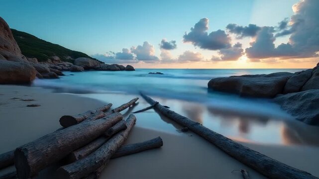 Time lapse of logs on a beach coast of Majorca