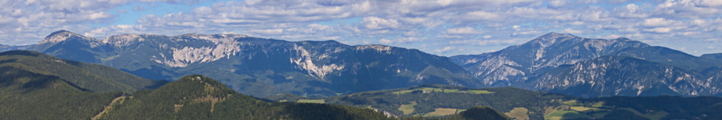View of the mountain panorama from the summit of Hirschenkogel at Semmering Pass in Austria, Europe
