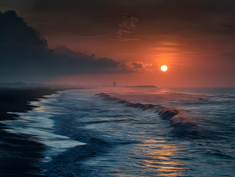 Fiery Sunset Over Dark Sand Beach and Blue Waves Landscape