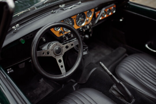 Vintage Car Interior with Wooden Dashboard