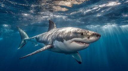 Majestic great white shark swims powerfully beneath the shimme surface of the deep blue ocean waters now.