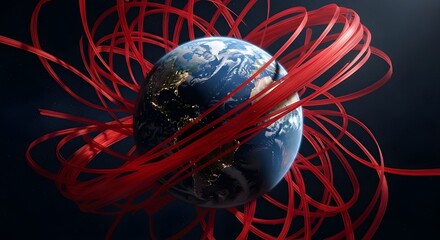 Digital Globe Surrounded by Red Ribbons
