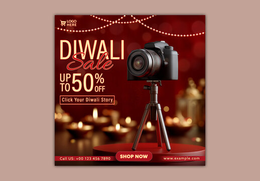 Diwali Sale Social Media Post with Camera Tripod on Pedestal for Photography Equipment Promotion, Editable Design.