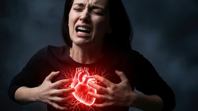Woman experiencing sharp chest and heart pain, holding her chest with agony in medical animation footage.
