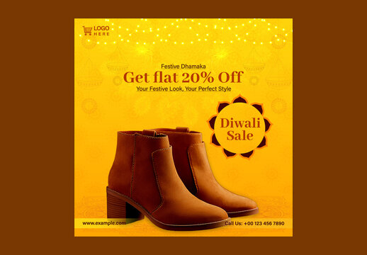 Diwali Sale Social Media Post with Female Boots for Footwear Fashion Promotion, Editable Design.
