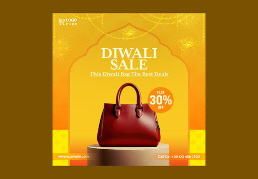 Diwali Fashion Sale Social Media Post with Women&rsquo;s Handbag Display for Online Shopping, Editable Design.