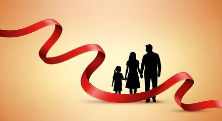 Family Silhouette with Red Ribbon Symbol 