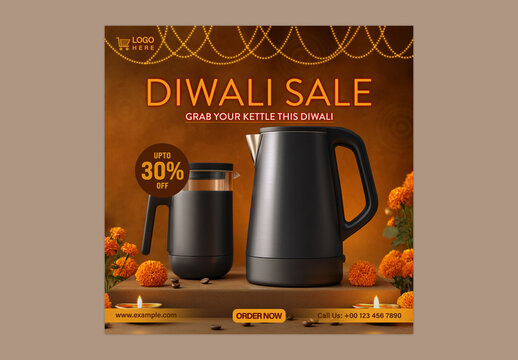 Diwali Sale Social Media Post with Electric Kettle and Festive Decoration for Kitchen Appliance Promotion, Editable Design.