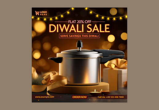 Diwali Special Kitchenware Sale Social Media Post with Pressure Cooker and Gift for Festive Offers, Editable Design.