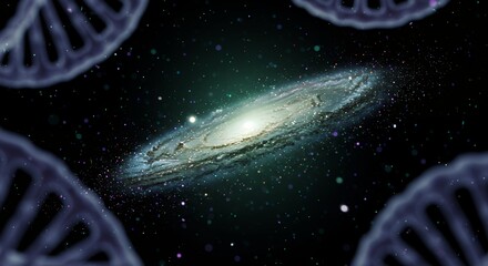 A cosmic view featuring a galaxy surrounded by swirling DNA strands, representing the universe and life.