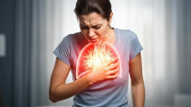 Woman experiencing chest pain and shortness of breath due to lung disease or heart condition, medical emergency footage.