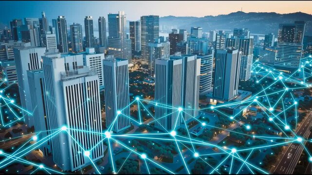 Aerial view of a smart city at night with interconnected buildings and glowing network nodes