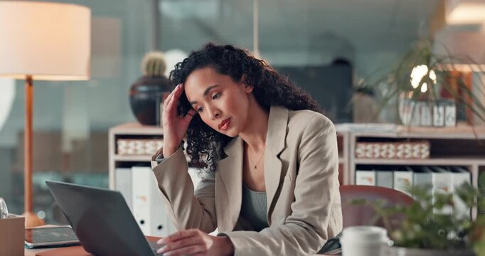 Stress, office and business woman on laptop with mistake, stock market crisis and bankruptcy. Professional, corporate and frustrated person on computer with bad news, problem and financial failure