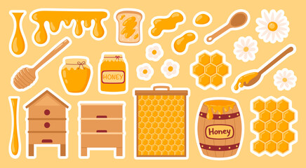 Honey sticker pack. Apiary collection. Honey jar, bee, beehive, flowers, honeycomb, wooden dipper, barrel. Vector illustration in flat hand drawn style
