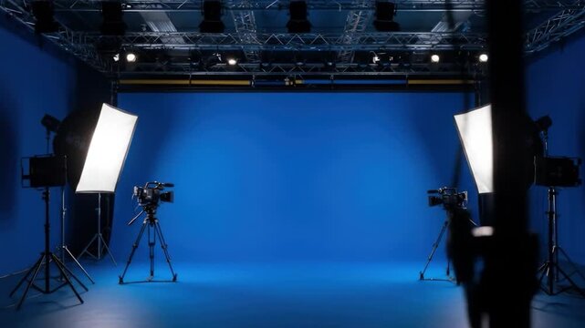 Film studio interior with professional equipment camera and lighting for movie production on blue screen backdrop