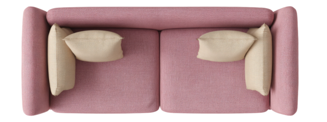 Overhead view of a light mauve-pink couch with cream-colored throw pillows