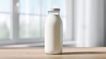 **Ultra Clean Mockup Of A Transparent Glass Milk Bottle With A Plain White Cap, Standing Upright On A Light Wooden Surface With Natural Daylight. The Bottle Is Blank And Smooth With No Logos, Stickers