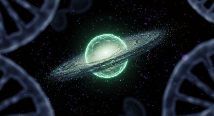 An artistic representation of a galaxy with DNA strands floating in space.