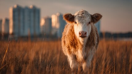 A young calf grazes peacefully in a golden field with city buildings visible in the distant background view.