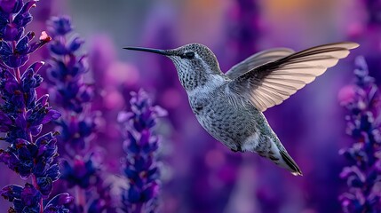 Fototapeta premium A hummingbird gracefully flies among vibrant purple lavender flowers in a beautiful garden setting outdoors.