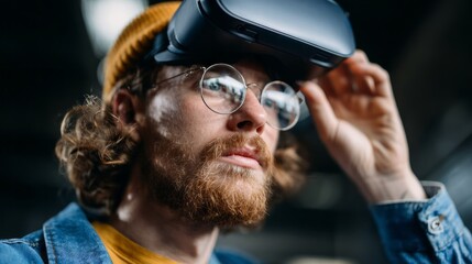 Game designer tests immersive virtual reality environment in a modern, urban workspace focusing on user experience and interaction