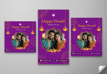 Happy Diwali Social Media Greeting Post and Story Template for Festival Celebration with Indian Couple, Editable Design.