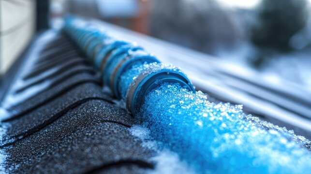 Frozen blue pipe on snowy roof