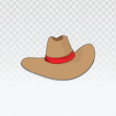 Brown cowboy hat illustration with a bold red ribbon in flat design style. Ideal for western culture, country music, travel themes, rodeo posters, web design, icons, and print media graphics.