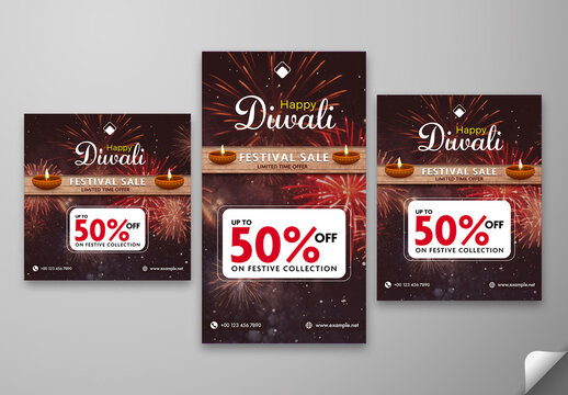 Happy Diwali Festival Sale Social Media Post and Story Template in Fireworks Pattern for Festive Shopping Promotion, Editable Design.