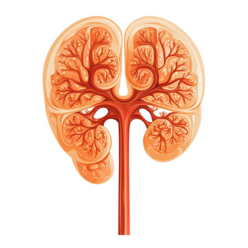 Anatomical illustration of human kidney showing internal structure and blood vessels for medical education and healthcare resources on transparent background