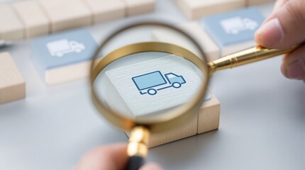 Delivery truck icon under magnifying glass for logistics and supply chain management concept analysis