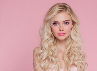 Naklejka premium Beautiful blonde woman with pink makeup on an isolated pastel background, a beauty Beautiful blonde woman with pink makeup and wavy hairstyle posing on a pastel background, with space for text, stock