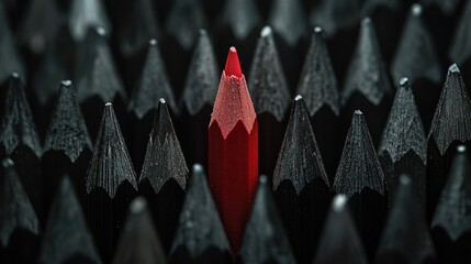 Red pencil standing out amongst many black pencils