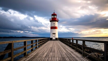 A lighthouse stands sentinel on a wooden pier extending into a tranquil lake. Dramatic clouds fill the sky as the sun sets