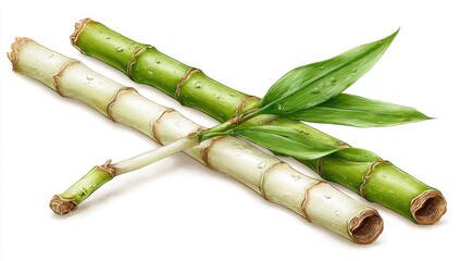 Fototapeta premium Fresh Green Bamboo Stalks and Leaves on White Background